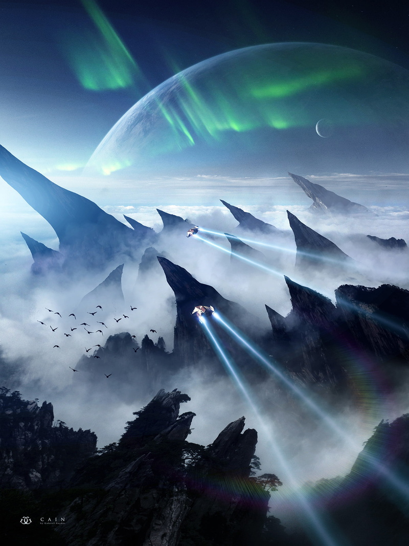 shine, birds, extraterrestrial, rocks, aurora, landscape, fog, 1080P, spaceship