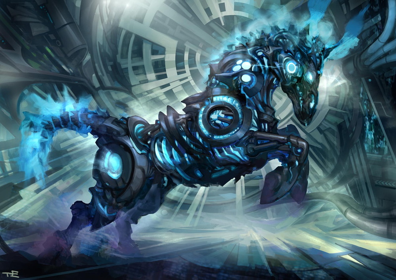 artwork, black, horse, steampunk, 1080P, technics, horses, fantasy, blue, robot