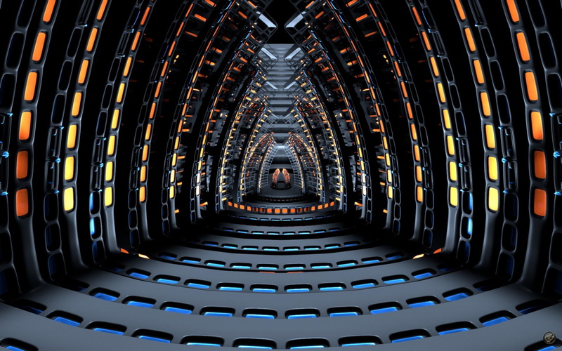 gray, pass, 3d, tunnel, orange, 3d and abstract, space, yellow, 1080P, ship, hall, alien