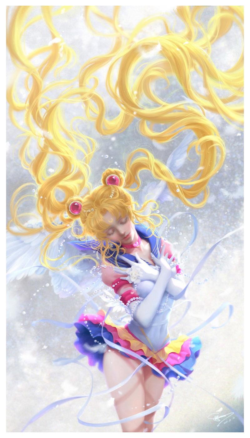 1080P, shoujo, anime, wing, girl, flower, sailor, hair, dress, odango, gloves, moon, twin, long, original, choker, blonde, mahou, tails