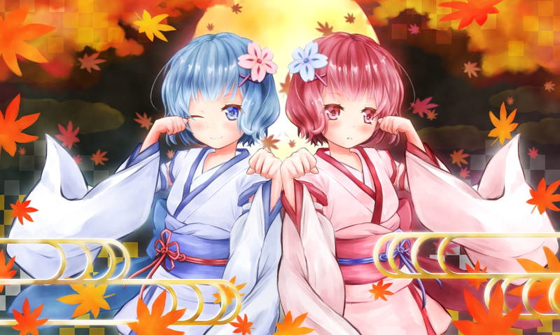 konachan, (re, sky, night, 254542, twins, autumn, pink, rem, short, ribbons, eyes, moon, ram, hair, leaves, com, 720P, zero), 2girls, kimono, blue, blush