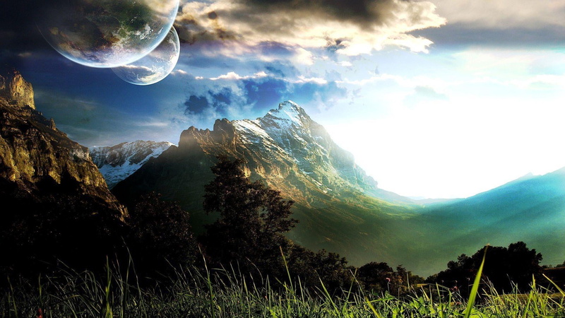 grass, scenics - nature, twin moons, plant, mountains, astronomy, tranquility, moon, non-urban scene, no people, environment, clouds, tranquil scene, idyllic