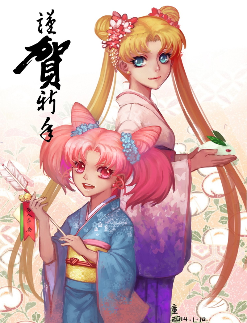 girl, twin, tsukino, flower, eyes, hair, blue, 720P, long, moon, happy, bells, kimono, jewelry, pink, sailor, anime, original, odango, chibiusa, blonde