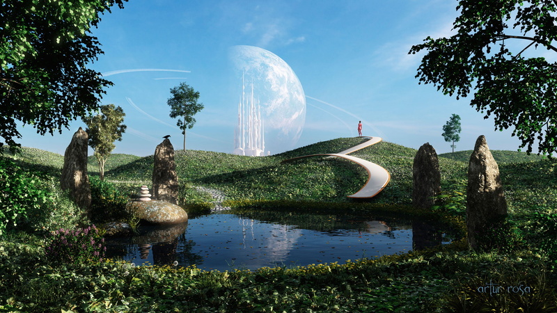 day, world, growth, landscape, plant, alien, lake, architecture, 1080P, outdoors, tranquil scene, green color, nature, reflection, built structure, sky