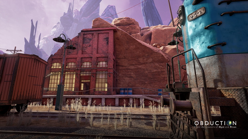 Obduction, alien world, 2K, industrial, bricks, environment, street light, freight train, Hunrath