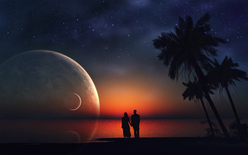 2K, men, real people, scenics - nature, palm tree, star - space, silhouette, water, land, Lovers, astronomy, nature, beauty in nature, beach, sky, night