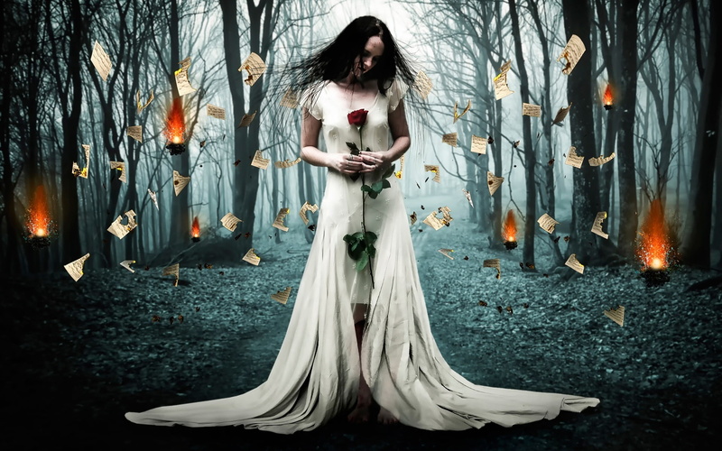 White, 1080P, Girl, Creative, Paper, Forest, Fire, Trees, Dress, Design, Burned