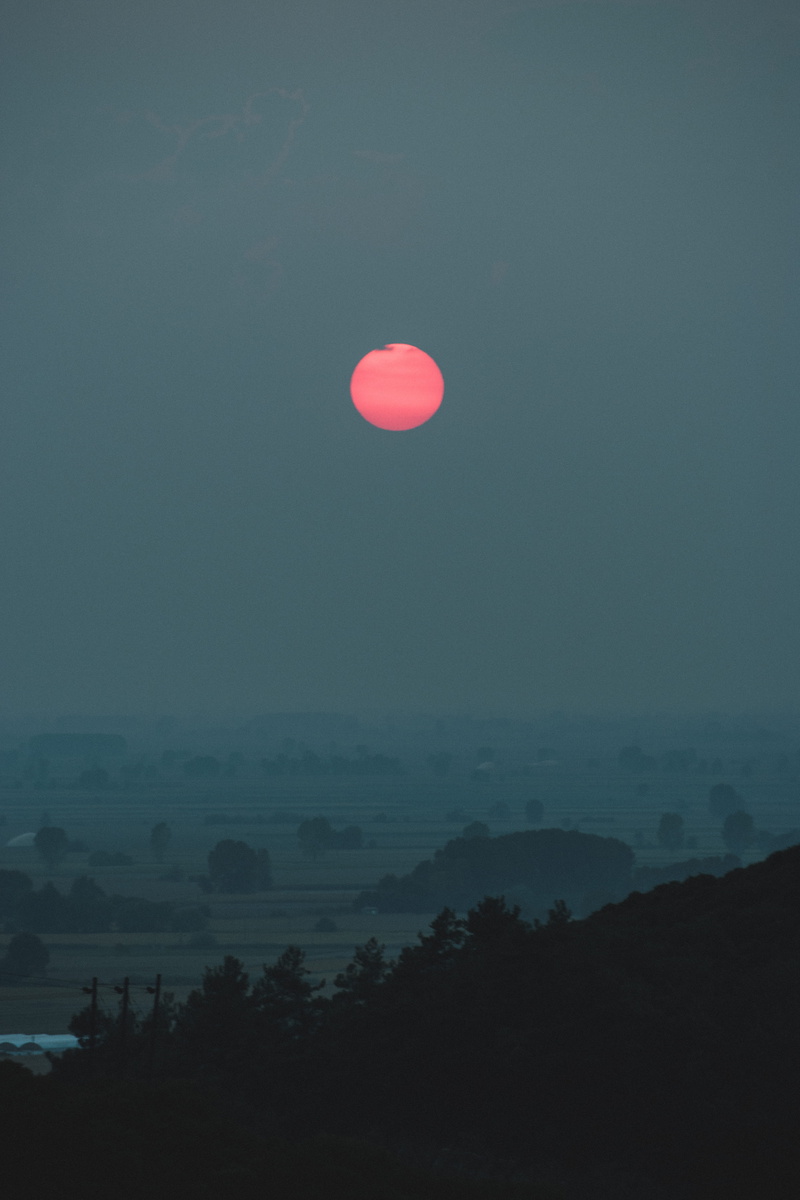 sky, field, non-urban scene, moon, no people, horizon, tranquility, plant, night, pink, sun, mountain, tree, fog, idyllic, mist, blood, full moon, ocean