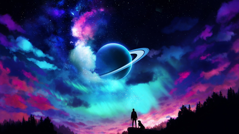 4K, Saturn, clouds, planet, purple background, colorful, Cosmos: A Spacetime Odyssey, blue, space, universe, night sky, stars