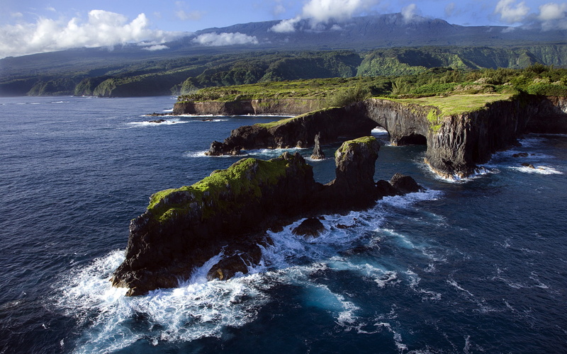 Pacific, 1080P, folded, Rocky, green, mountain, Ocean, Coast, Hawaii, Maui