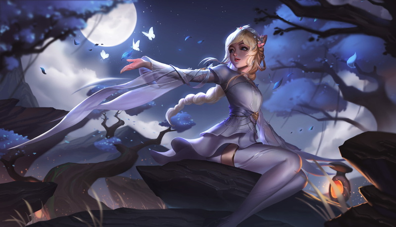 low-angle, petals, night, dress, 1080P, drawing, fantasy art, anime girls, blonde, Moon, butterflies, Unstable Anomaly, white clothing, women, hair accessories