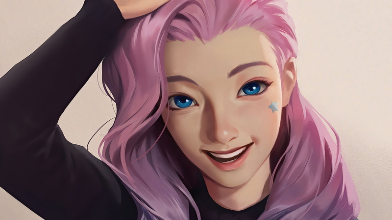 Seraphine, icon, League of Legends, 4K, Seraphine (League of Legends), pink hair, blue eyes, looking at viewer