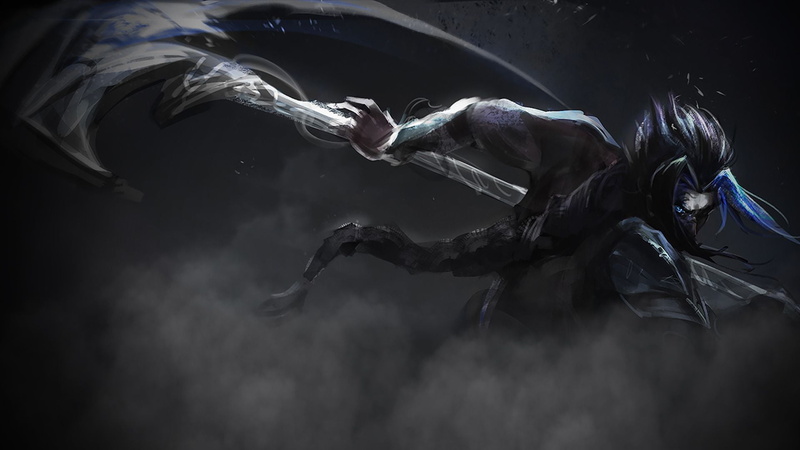 1080P, smoke background, scythe, blue eyes, Kayn, painting, League of Legends, artwork, Kayn (League of Legends)