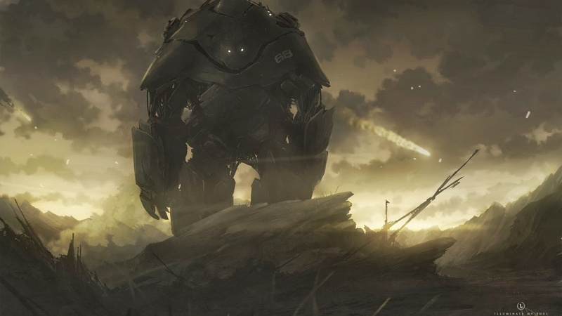 religion, outdoors, day, mountain, nature, cloud - sky, movie, mountain range, illustration, robot, scenics - nature, male likeness, human representation