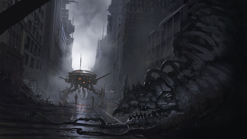 built structure, outdoors, death, soldier, 5K, fog, street, destruction, city, building exterior, residential district, transportation, robot, gray, water