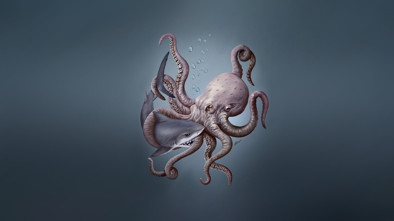 Characters, Shark, 1080P, Octopus vs Shark, Creatures, Background, Fantasy, by Martin Mariano Hernandez Tena, Octopus, Minimalism, Martin Mariano Hernandez Tena