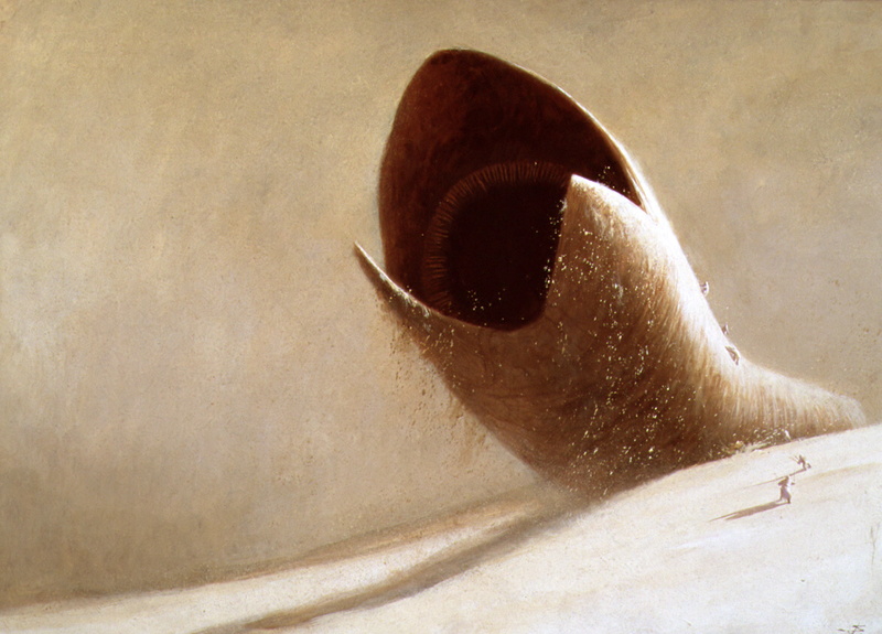 worm, traditional art, 2K, giant, Dune (series), sepia, sand, apocalyptic, fantasy art, creature, painting, science fiction, people, gloomy, teeth, jumping