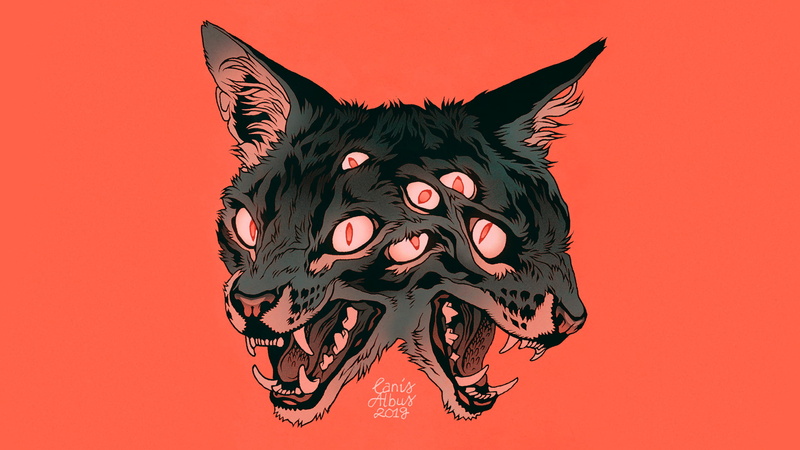 fictional creatures, Canis Albus, orange background, creature, cat eyes, 1080P