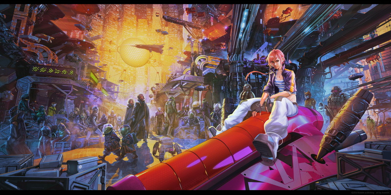 futuristic, creature, detailed, concept art, skyscraper, aliens, ArseniXC, glowing, space, comics, city, belly, science fiction, pink hair, spaceship, artwork