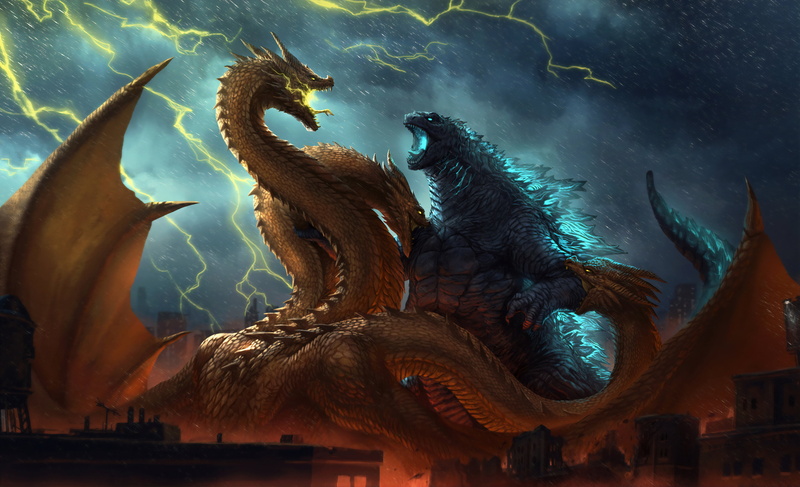lightning, fantasy art, fictional creatures, artwork, Godzilla, dragon, 4K