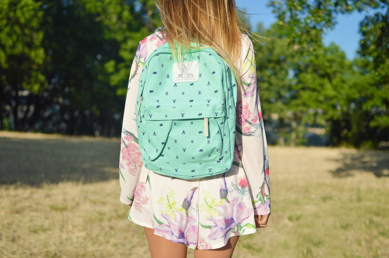 green, backpack, nature, white, schoolbag, focus on foreground, adult, style, day, long, tree, carrying, hairstyle, women, sleeved, rear view, back, woman