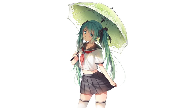 women, females, green color, Hatsune Miku, three quarter length, beautiful woman, hairstyle, indoors, studio shot, copy space, one person, umbrella, protection