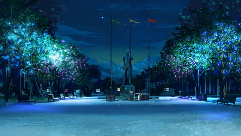 statue, night, ArseniXC, bench, trees, Everlasting Summer, 1080P, flag