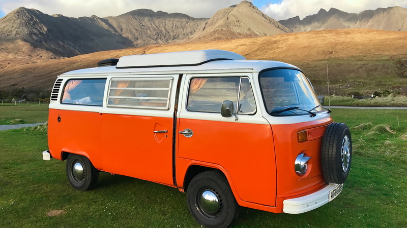 grass, daytime, land vehicle, black cuillin, scotland, white, parked, landscape, travel, car, 4K, no people, day, motor vehicle, van, outdoors, sports utility vehicle