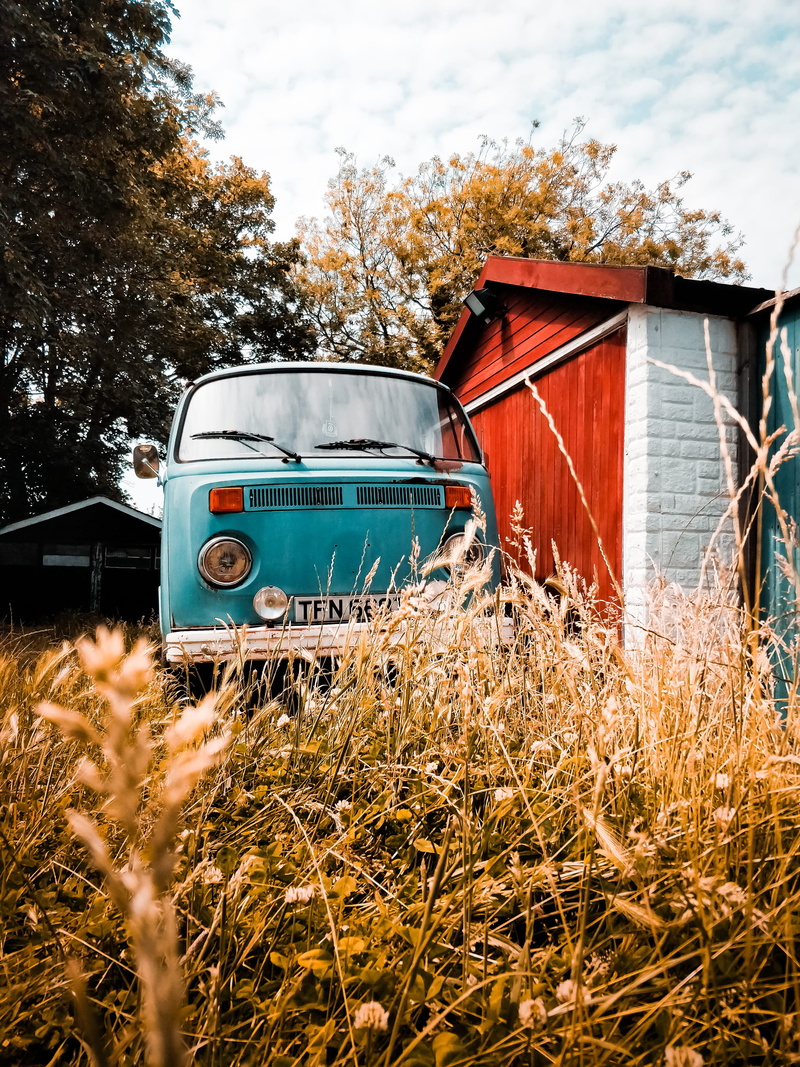 sky, field, classic, old school van, red, tree, vehicle, outdoors, vw bus, van, t, near, transportation, blue, volkswagen, house, motor vehicle, parked