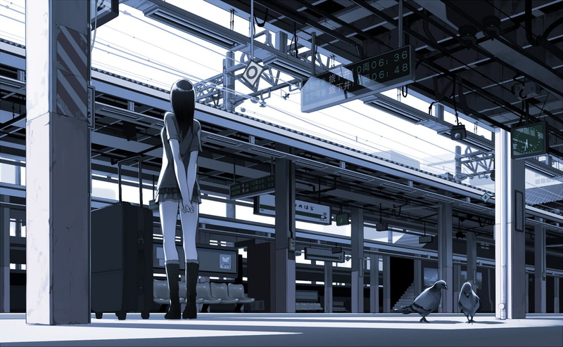 anime girls, no people, girder, sunlight, day, train station, architecture, industry, city, transportation, pigeons, text, 720P, mode of transportation