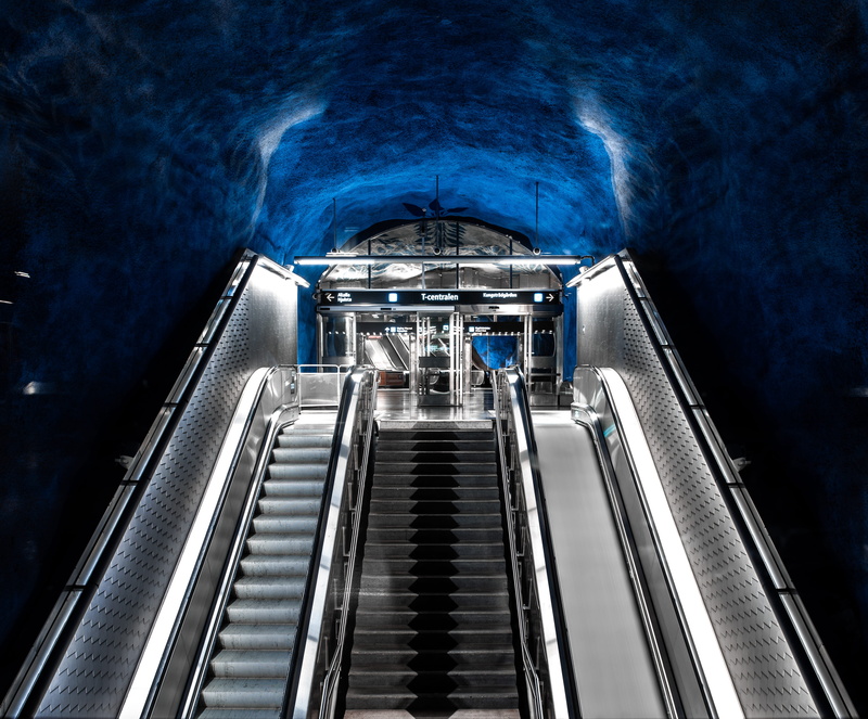blue, tunnel, corridor, 4K, chrome, terminal, banister, no people, modern, escalator, steps and staircases, silver colored, monitor, lighting, staircase
