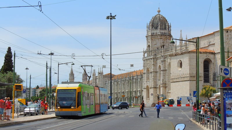 crossing, lisbon, near, rail, city street, double-decker bus, cable, cityscape, land vehicle, building, people, electricity, urban, cable car, 4K, city