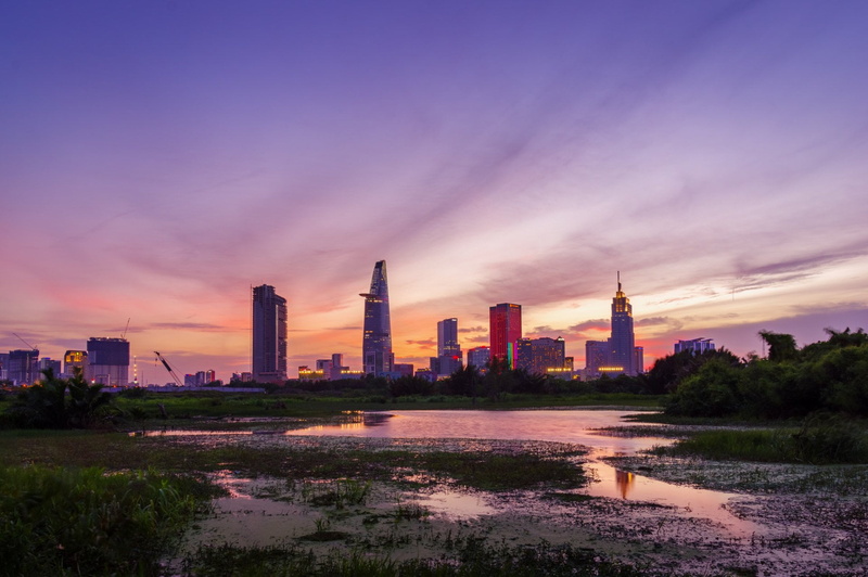 Vietnam, cityscape, building exterior, office building exterior, Building, no people, waterfront, water, modern, purple, outdoors, City, Cities, tower