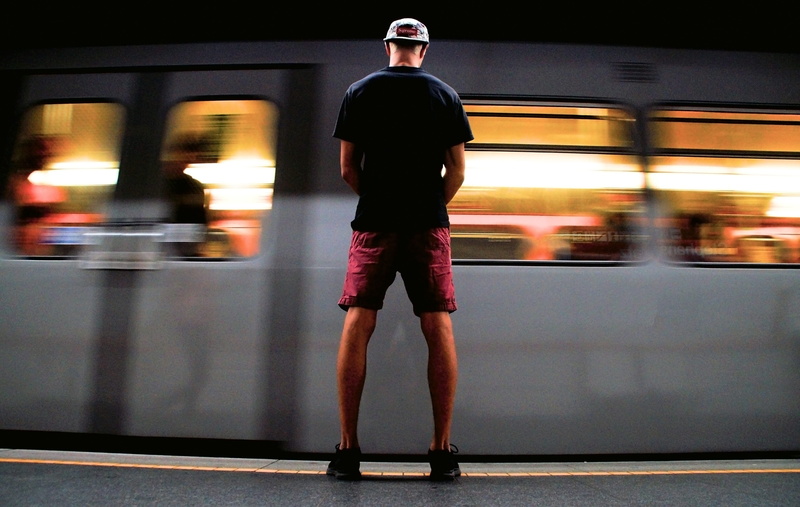 Man, motion, adult, rail transportation, 4K, one person, night, waiting, rear view, architecture, platform, subway, public transportation, city, street