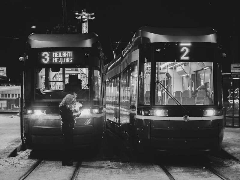 streetcar stop, text, men, rail transportation, architecture, person, helsinki, street, town, 4K, public transportation, illuminated, urban, building