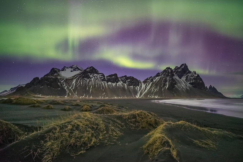 landscape, Show, sand dunes, astro, aurora, stars, Iceland, aurora Borealis, coast  mountains, nightscape, 1080P, night  sky, northern lights, astrophotography