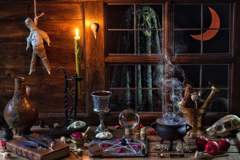 feathers, book, hanged, skull, magic, a month, candle, window, Ghost, bowler, pentagram, bulb, Halloween, mortar, ball, Cup, apples, 2K