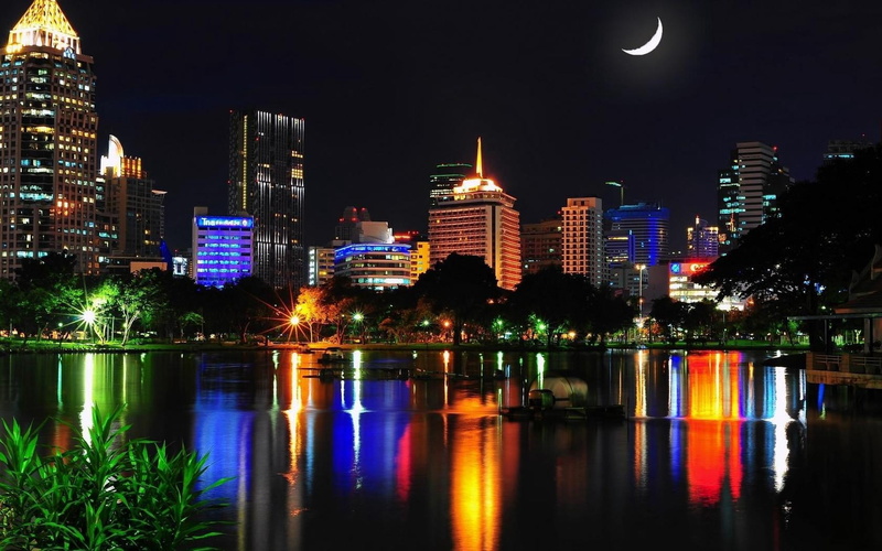 skyscraper, no people, tall - high, water, hotel, waterfront, building, home, nature, dusk, month, sky, modern, city, illuminated, urban Scene, 720P, bangkok