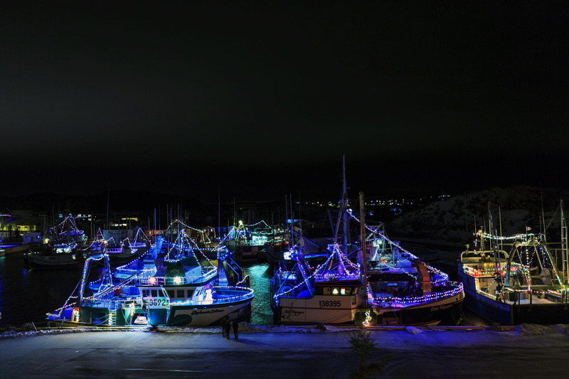 north, arts culture and entertainment, decorations, water, outdoors, moored, fishing, copy space, newfoundland, pier, winter, magical, night, sea, flashing
