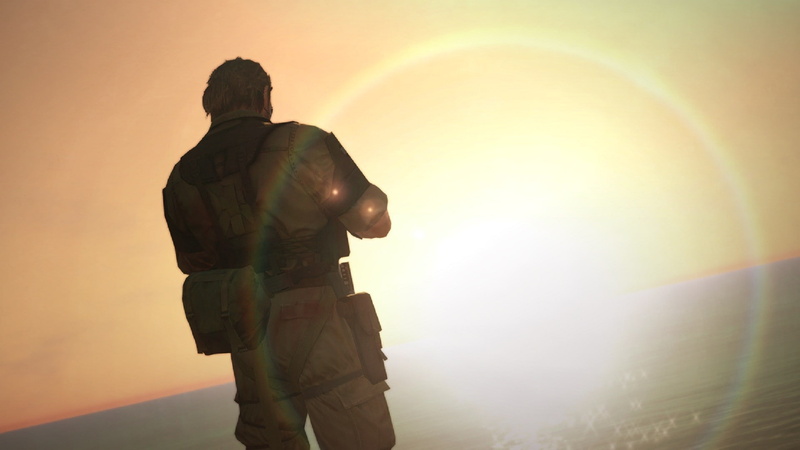 lens flare, uniform, lifestyles, rear view, sunlight, orange color, sun, one person, sky, Metal Gear Solid V: The Phantom Pain, sunset, real people, silhouette