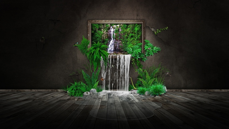 water, trees, stones, picture frames, wooden surface, waterfall, digital art, butterfly, puddle, 1080P, ferns, minimalism, nature, wall, CGI, leaves, rock