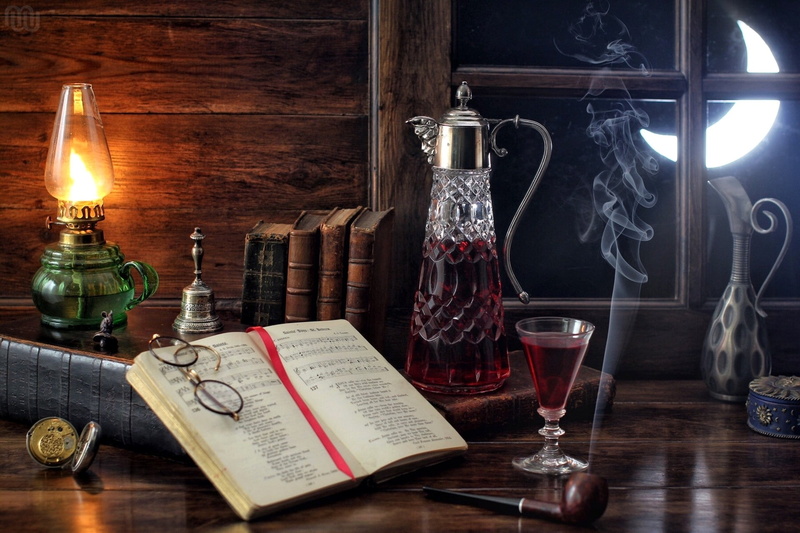 lighting equipment, electric lamp, glass, table, food and drink, 1080P, candle, book, alcohol, illuminated, red wine, smoking pipe, indoors, wineglass