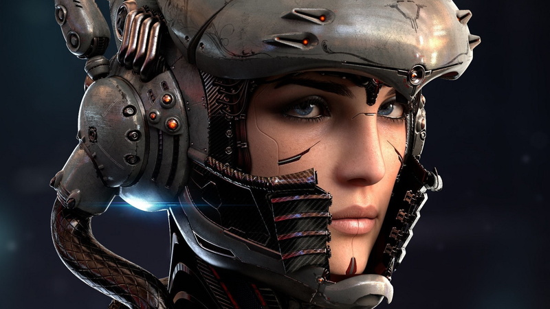 digital art robot women face blue eyes cyborg technology helmet wires lights bionics, 1080P