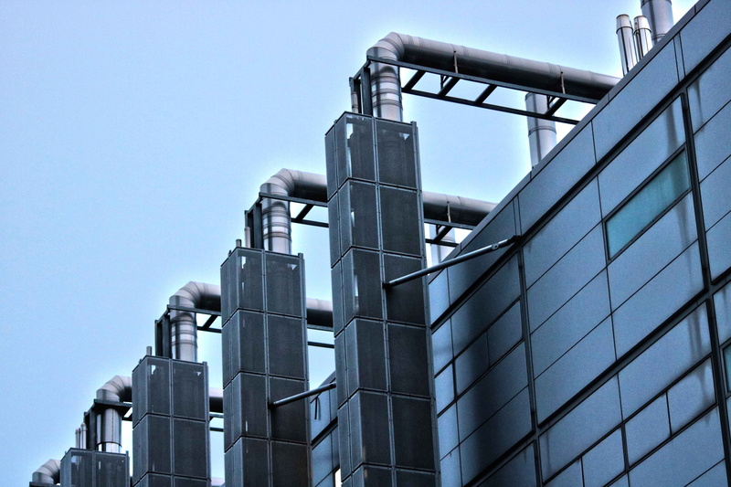 outdoors, blue, pollution, building, london, industry, city, pipes, urban, refinery, 5K, industrial equipment, air pollution, pipeline, factory, low angle view