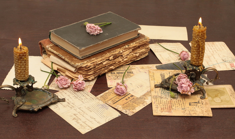 hardbound, books, decoration, table, indoors, spirituality, brown, old-fashioned, candle holders, old, the past, close-up, 4K, flame, letters, cards, text