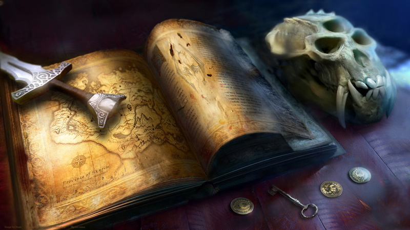 1080P, elder, video games, skyrim, skull, coins, scrolls, key, hd, sword, map, book