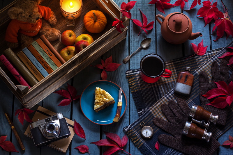 apples, compass, still life, gloves, candle, books, binoculars, 5K, kettle, Teddy bear, leaves, the camera, mug, tea, cake