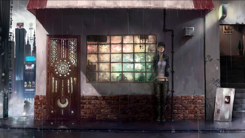 detailed, stairs, urban, original characters, window, pipes, anime, bricks, fantasy weapon, door, women, anime girls, 2K, rain, pavements