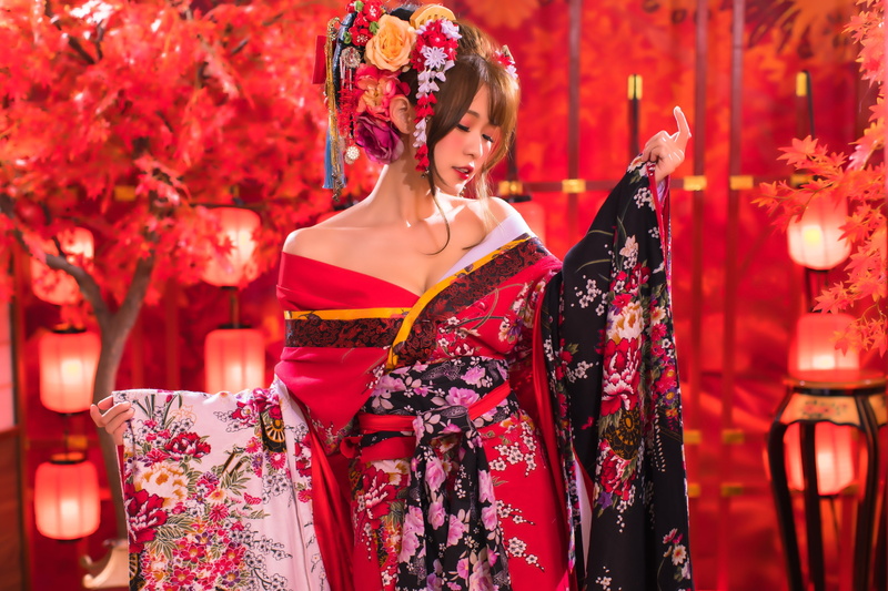 traditional clothing, kimono, fashion, indoors, brunette, women, standing, retail, red, model, celebration, beautiful woman, dress, focus on foreground