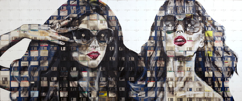 digital art, artwork, Nick Gentry, red lipstick, 4K, floppy disk, women